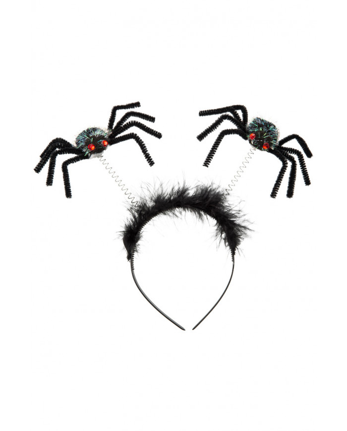 Plastic headband decorated with marabou and two black spiders