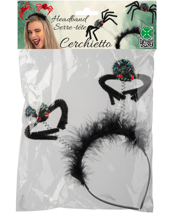 Plastic headband decorated with marabou and two black spiders