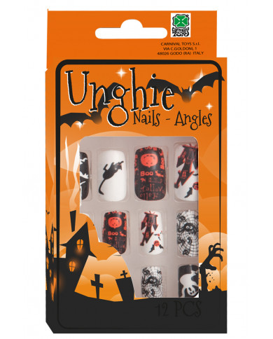 Unghie adesive bianche e nere con stampe di soggetti Halloween