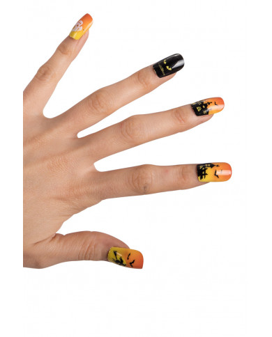 Black and orange adhesive nails with Halloween subjects, to