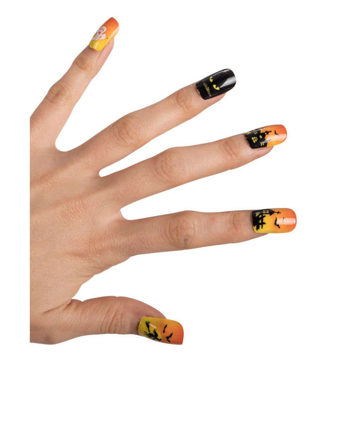 Black and orange adhesive nails with Halloween subjects, to
