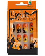Black and orange adhesive nails with Halloween subjects, to