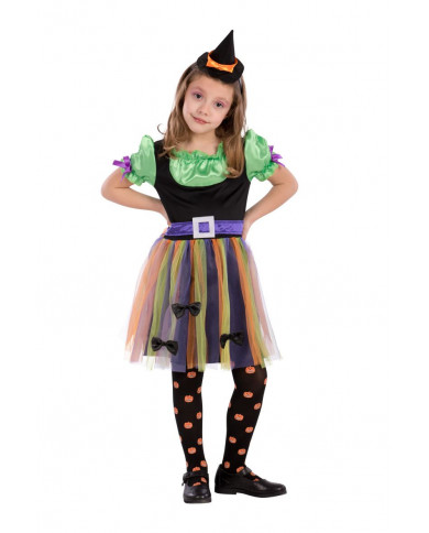 Witch costume for kid with stretch fabric dress with satin and