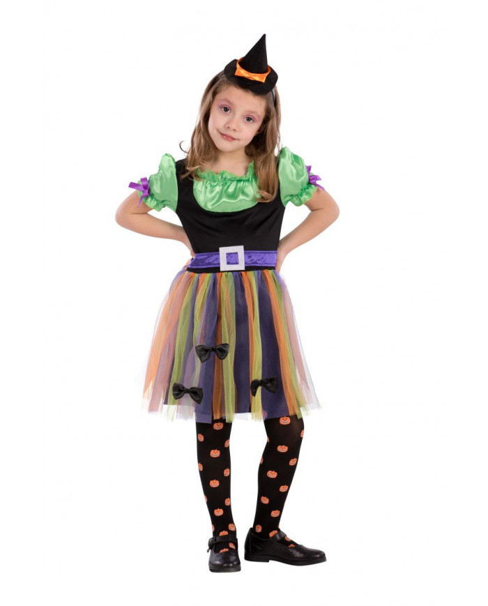 Witch costume for kid with stretch fabric dress with satin and