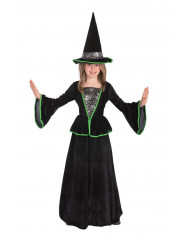 Witch costume for kid with velvet dress and hat.