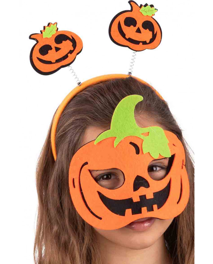 Set consisting of orange felt mask and headband with spring