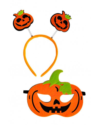 Set consisting of orange felt mask and headband with spring