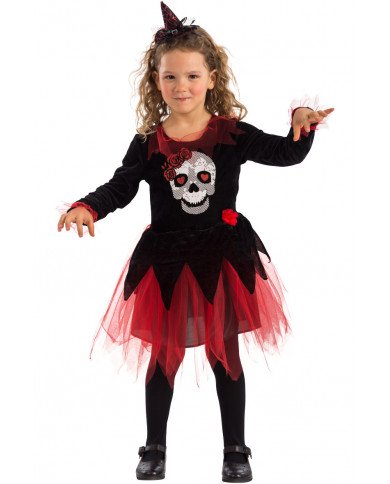 Witch costume for children composed of velvet dress with