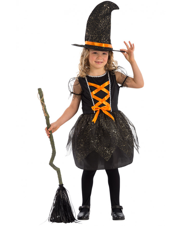 Witch costume for children composed of stretchy dress with