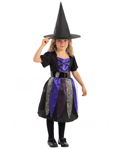 Witch costume for children composed of stretchy dress with