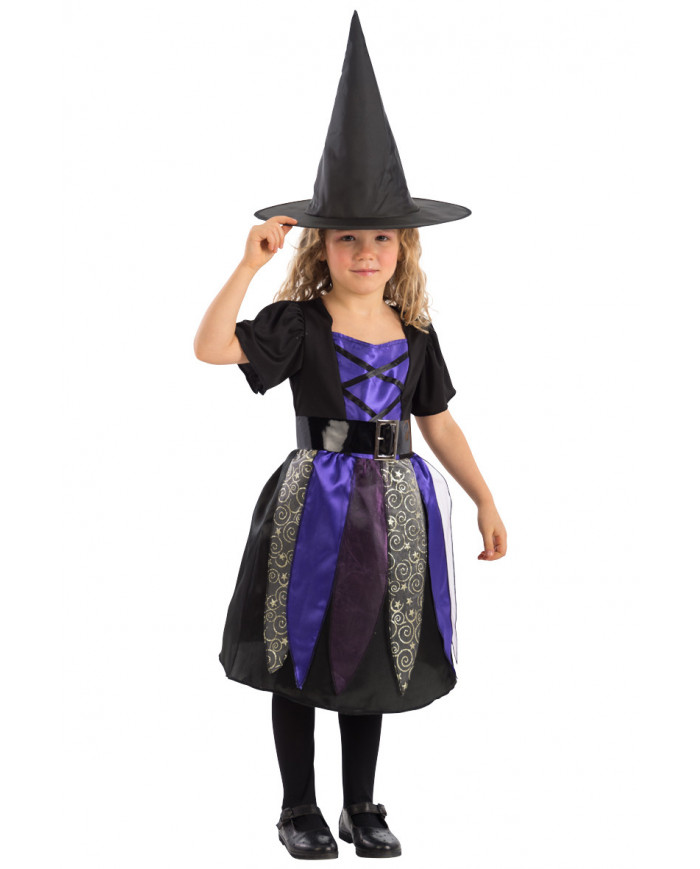 Witch costume for children composed of stretchy dress with