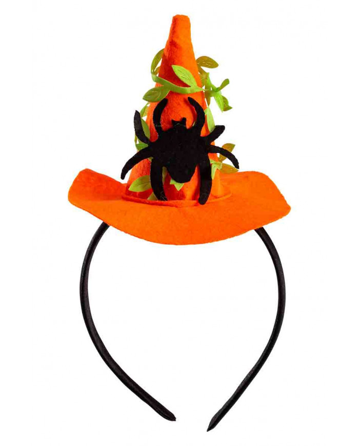 Cute mini witch hat in orange felt with a black spider applied.