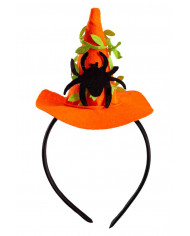 Cute mini witch hat in orange felt with a black spider applied.