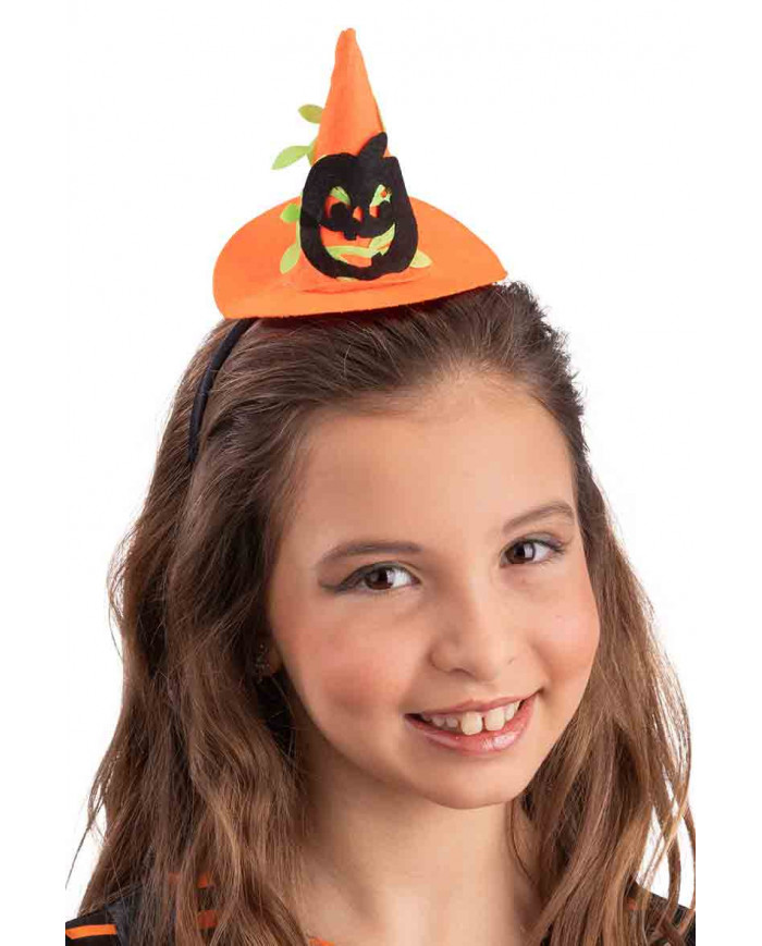 Cute mini witch hat in orange felt with a black pumpkin