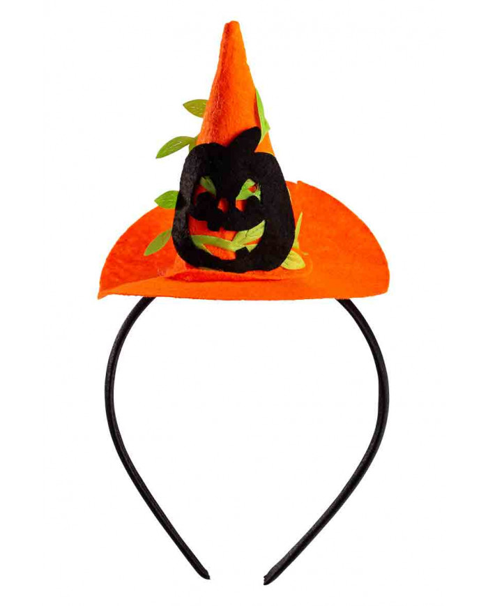 Cute mini witch hat in orange felt with a black pumpkin