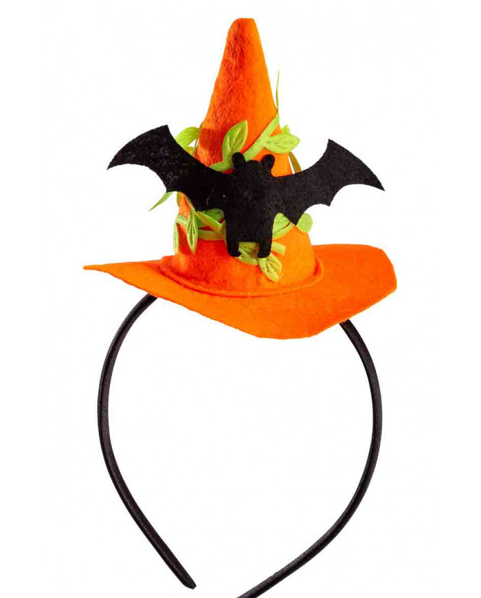 Cute mini witch hat in orange felt with a black bat applied.