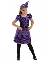 Witch costume for children composed of satin decorated dress