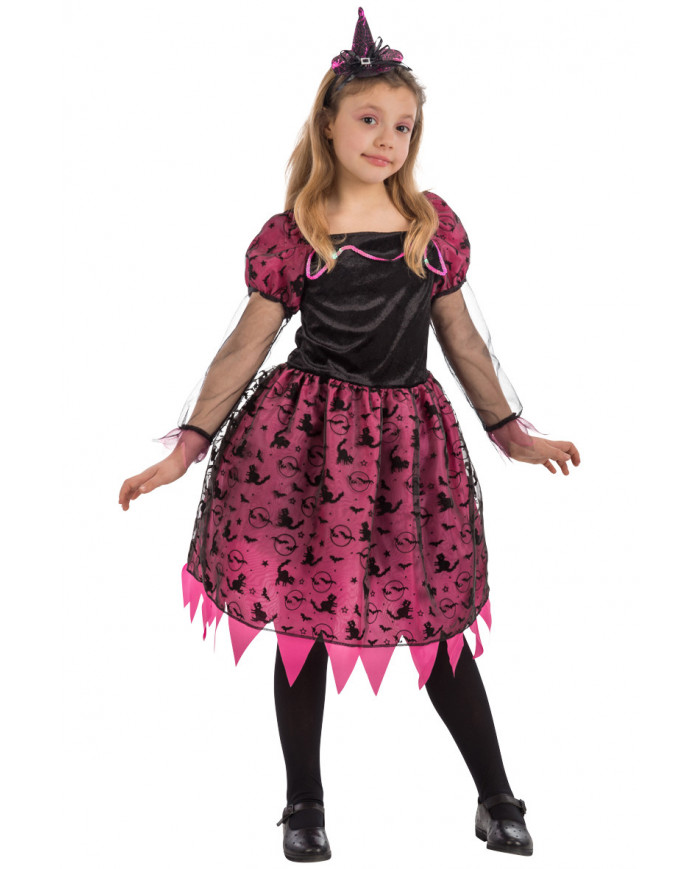 Witch costume for children composed of velvet dress with