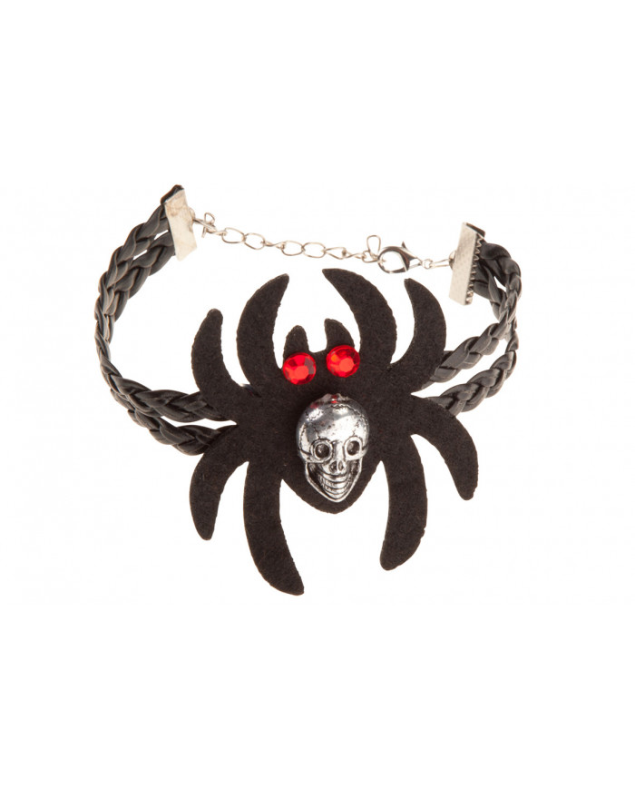 Armband aus Kunstleder mit Spinne aus Stoff und Totenkopf aus Metall