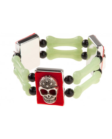 Bracciale con ossa fosforescenti e teschio in metallo, perfetto