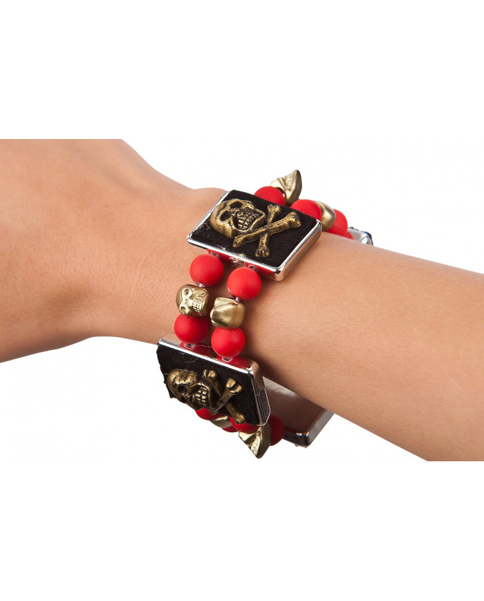 Bracelet avec perles rouges et tÃªtes de mort en mÃ©tal dans une