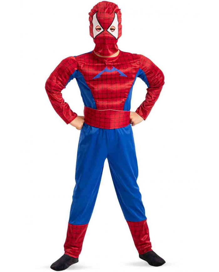 Superhero costume for kid with satin jumpsuit and hood .