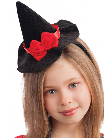 Mini sombrero bruja negro con lazo rojo y diadema de unos 13 cm de