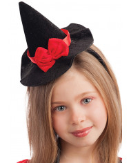 Mini sombrero bruja negro con lazo rojo y diadema de unos 13 cm de