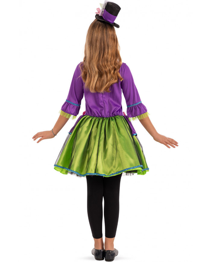 Hatter hat costume for kid with stretchy dress and mini hat.