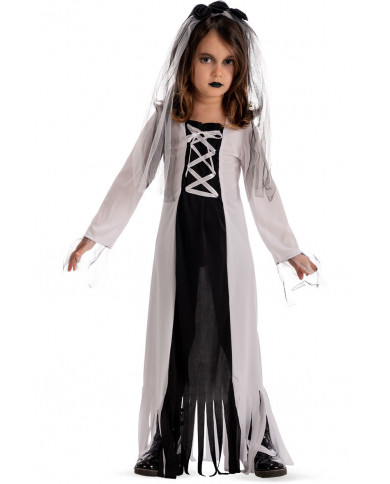 Corpse bride costume for kid with stretchy dress and headband.