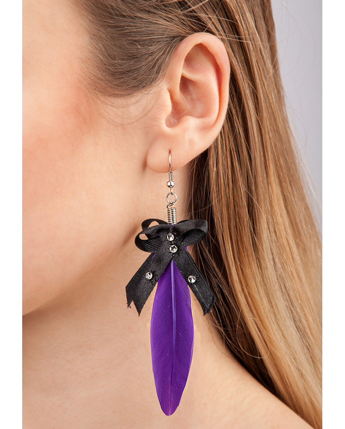 Earrings With Purple Plume And Rhinestone In Bag On Card