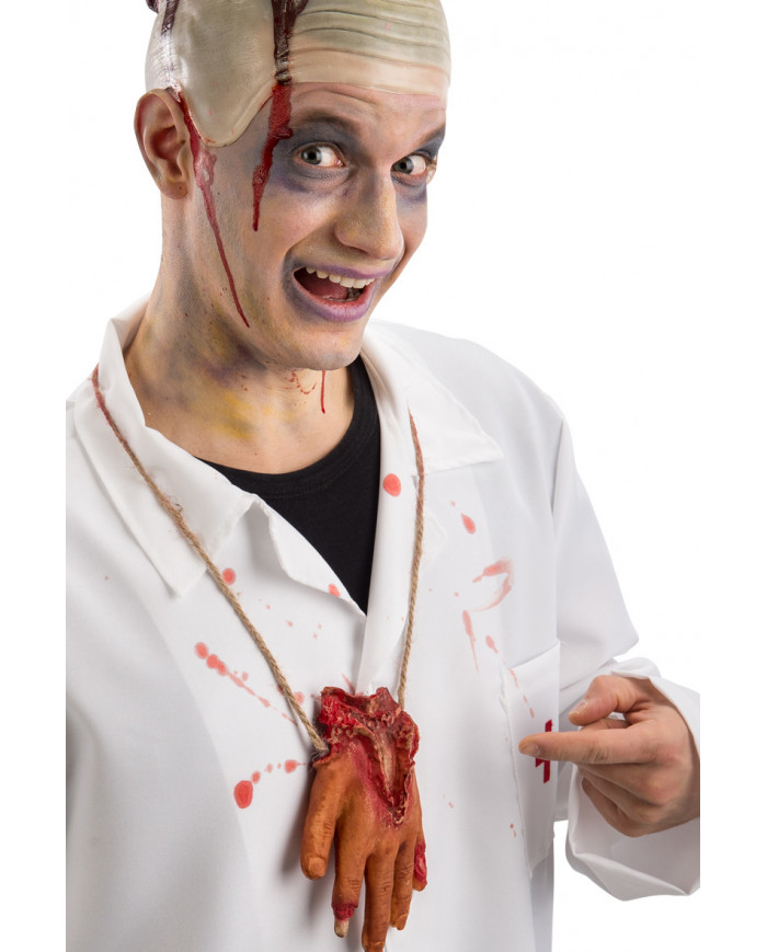 Necklace composed of a cord with a bloody hand hanging, to