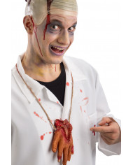 Necklace composed of a cord with a bloody hand hanging, to
