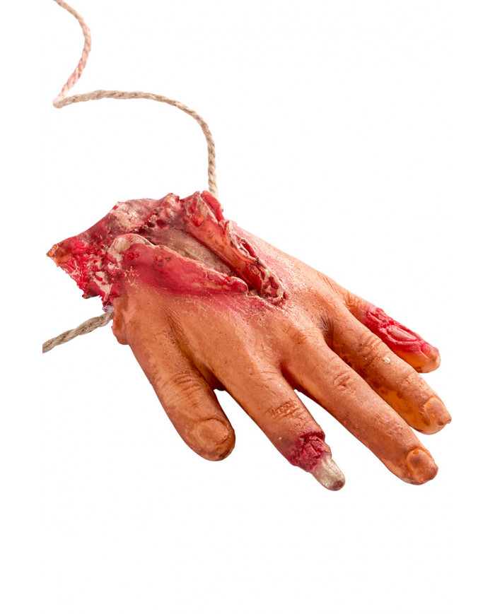 Necklace composed of a cord with a bloody hand hanging, to