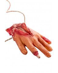 Necklace composed of a cord with a bloody hand hanging, to