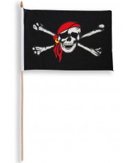 Bandera pirata de unos 30x45 cm con asta de unos 60 cm de alto en