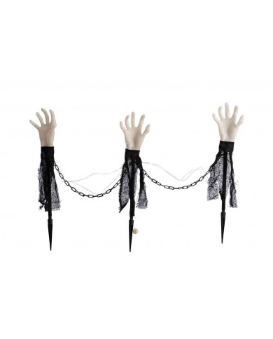 Set of 3 bright plastic hands, with fabric, chains and picket