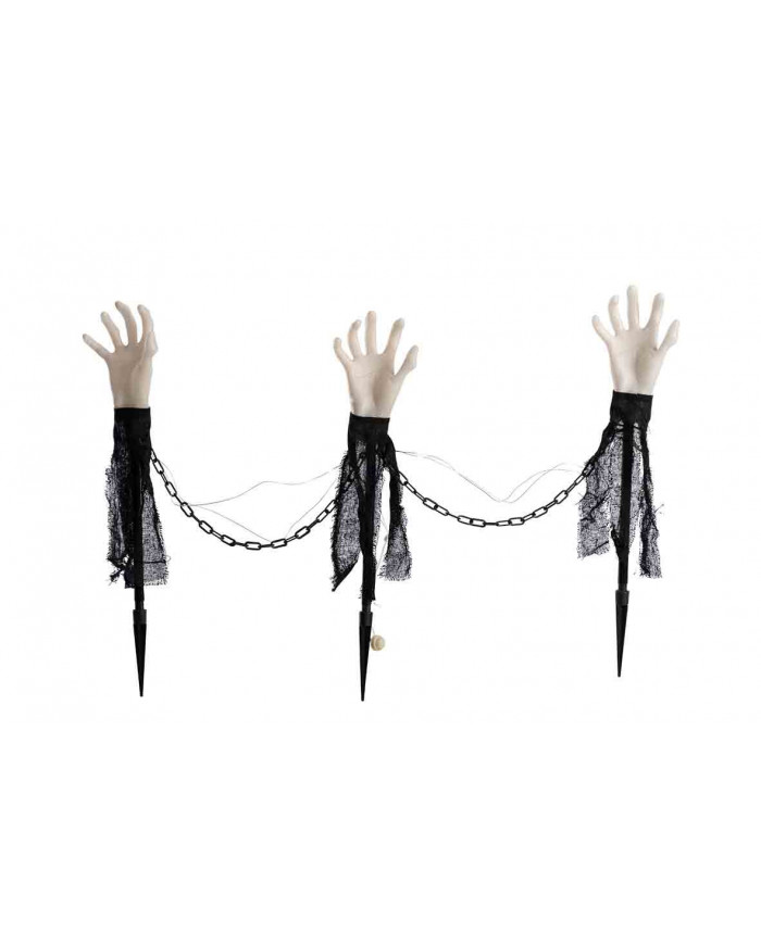 Set of 3 bright plastic hands, with fabric, chains and picket