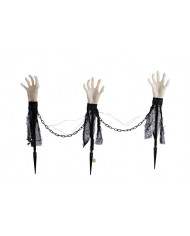 Set of 3 bright plastic hands, with fabric, chains and picket