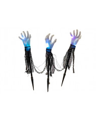 Set of 3 bright plastic hands, with fabric, chains and picket