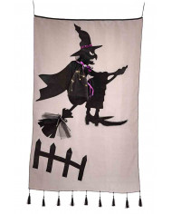 Luxury grey Halloween curtain with a large black witch riding