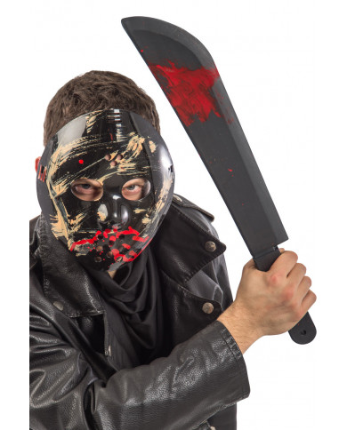A horror set consisting of a hockey mask and a bloody knife in