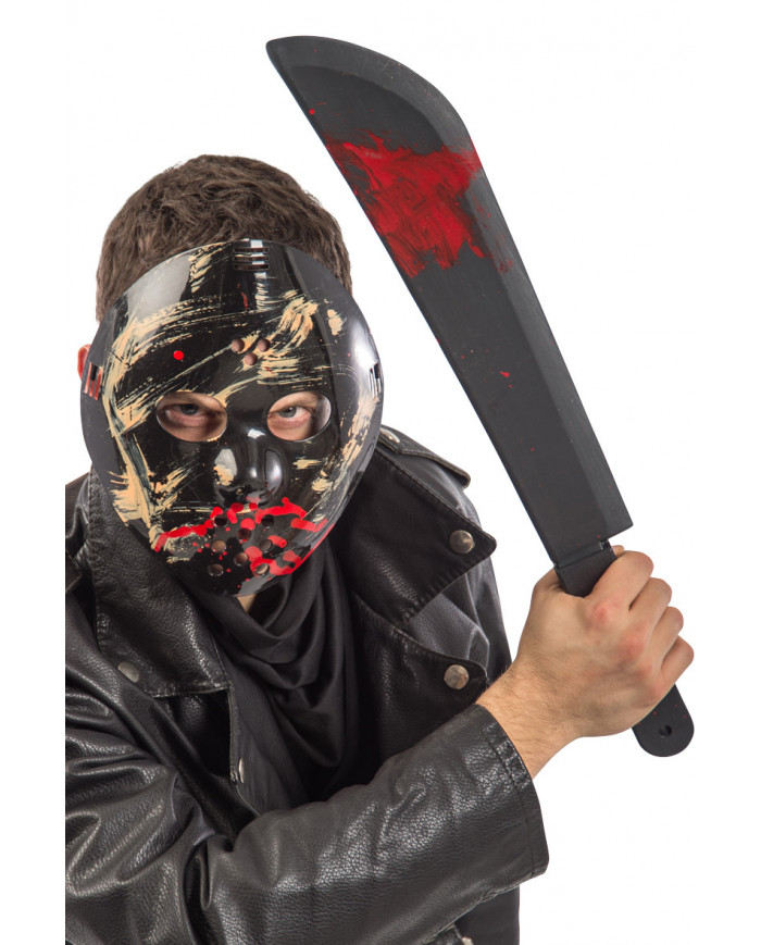 A horror set consisting of a hockey mask and a bloody knife in