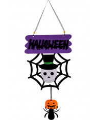 Hanging felt spiderweb with applied skeleton, nice decoration