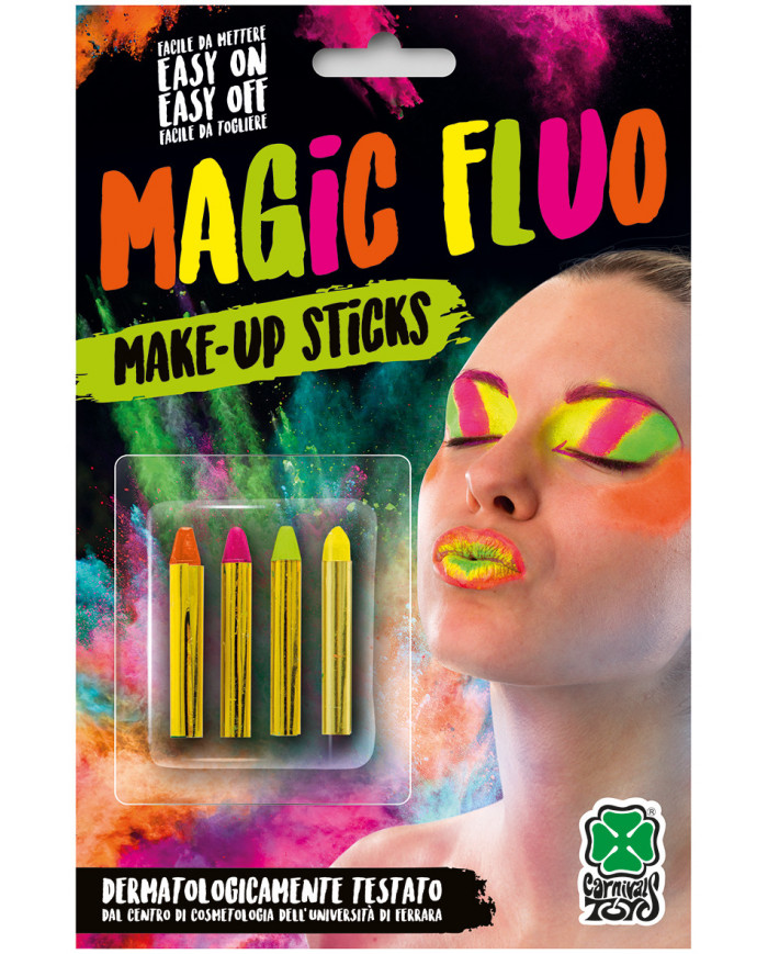 4 sticks in assorted fluo colors. Non-toxic and easy to use