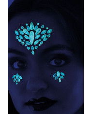 Adhesive face decorations composed of crystals that glow in the
