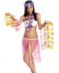 Falda Hawaii rosa con flores de unos 45 cm de largo en bolsa con