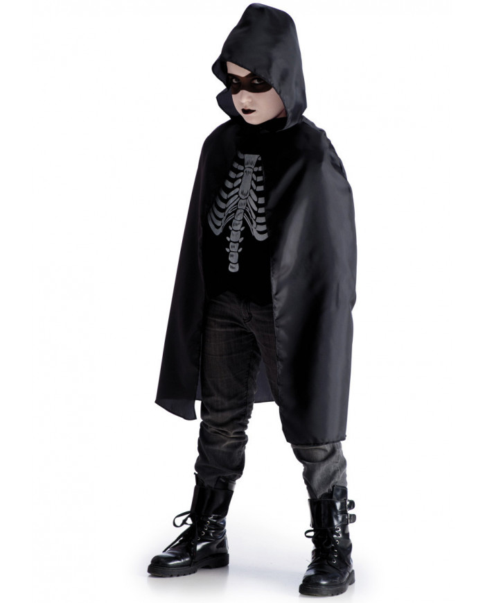 Taffettas black cape with hood for kid, one size, length cm.8.