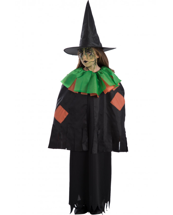 Black cape for kid with fringes and green/orange collar in