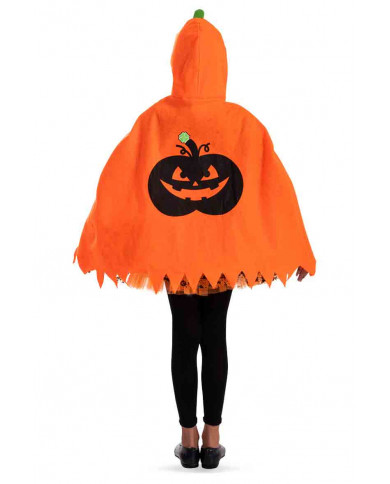 Orange felt cape with hood and black pumpkin print for